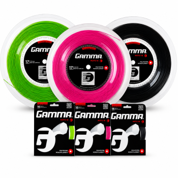 Gamma Moto Tennissaite als Saiten-Set und 200-m-Rolle in Schwarz, Limette und Pink