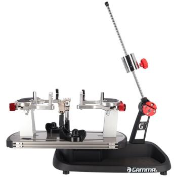 Side view of the Gamma Momentum 6 Plus stringing machine with 6-point frame fixation and drop-weight tensioning system
