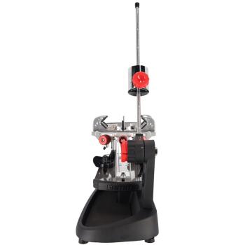 Front view of the Gamma Momentum 6 Plus stringing machine with V-mount frame fixation and drop-weight tensioning system