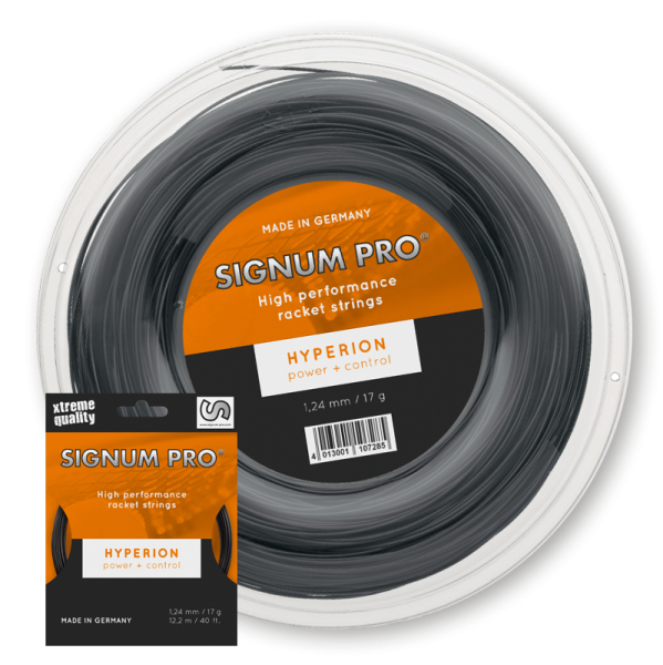 Signum Pro Hyperion tennis string as a 12.2 m string set and 200 m reel in diamond black