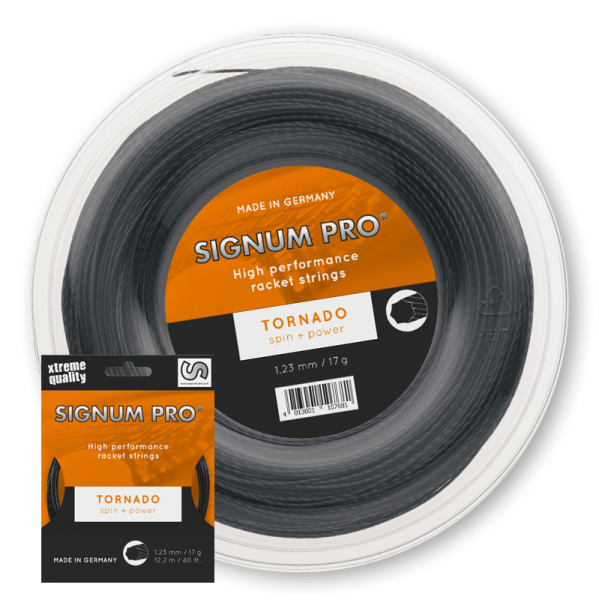 Signum Pro Tornado Tennissaite als 12,2-m-Saiten-Set und 200-m-Rolle in Anthrazit