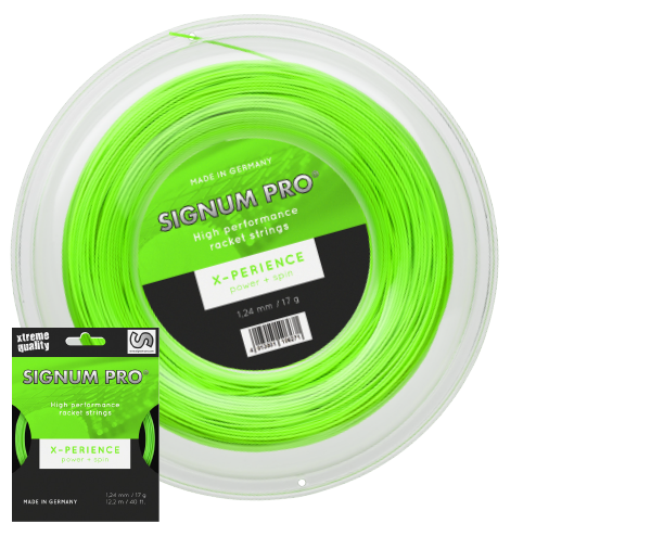 Signum Pro X-Perience Tennissaite als 12,2-m-Saiten-Set und 200-m-Rolle in Leuchtgrün