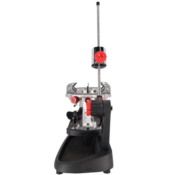Front view of the Gamma Momentum 6 Plus stringing machine with V-mount frame fixation and drop-weight tensioning system