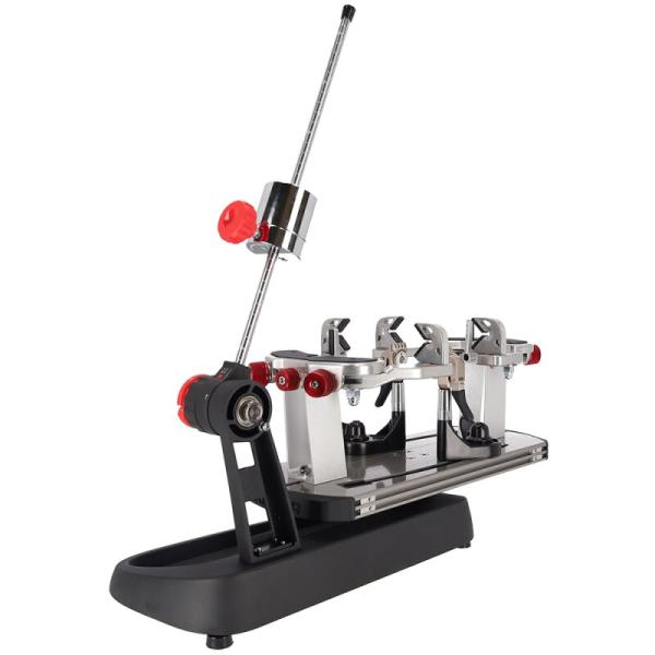 Gamma Momentum 6 Plus stringing machine – angled rear-right view with tension arm, V-mount supports and lever tension system
